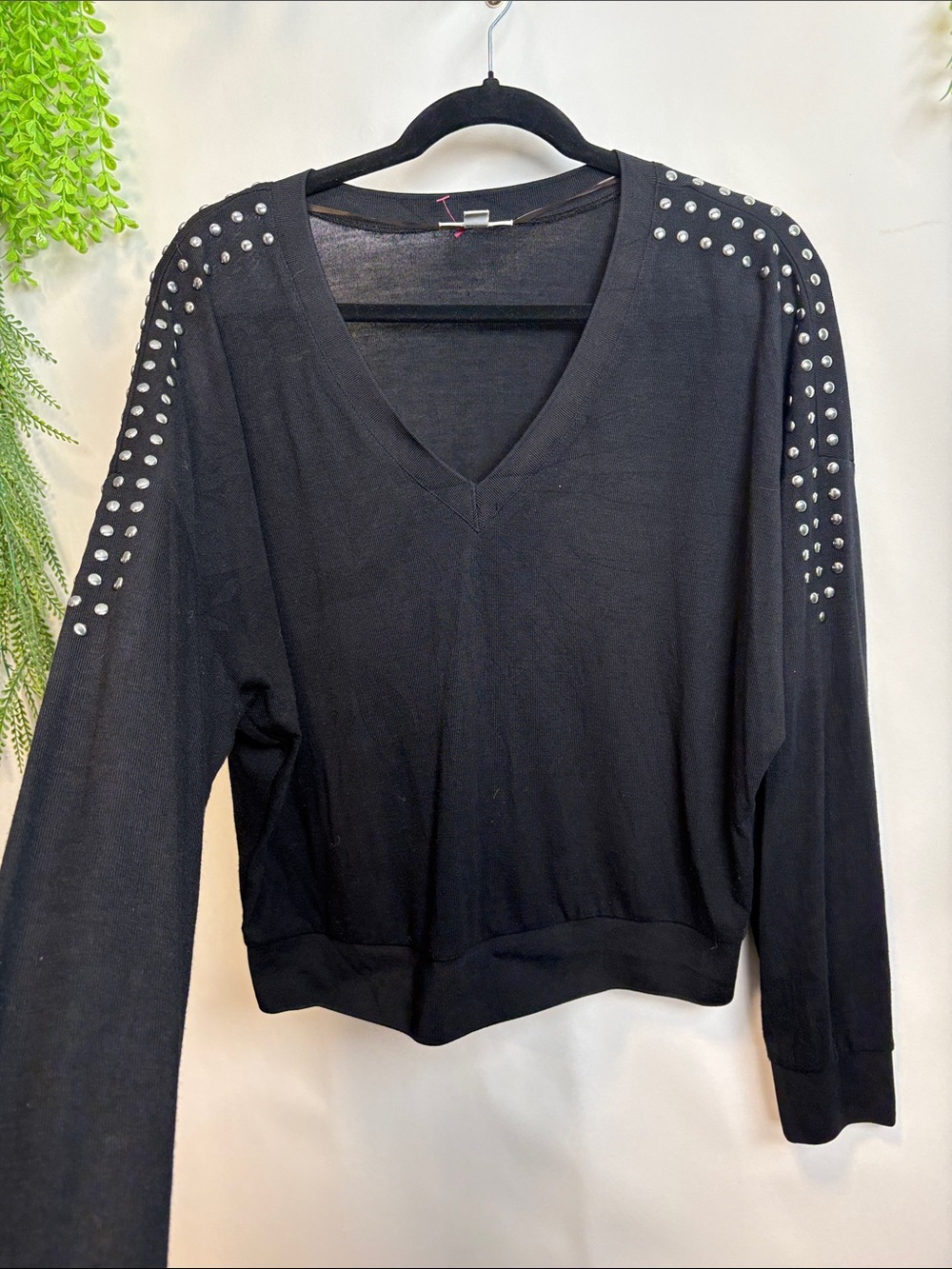 Bar III Black V-Neck Studded Shoulder Top